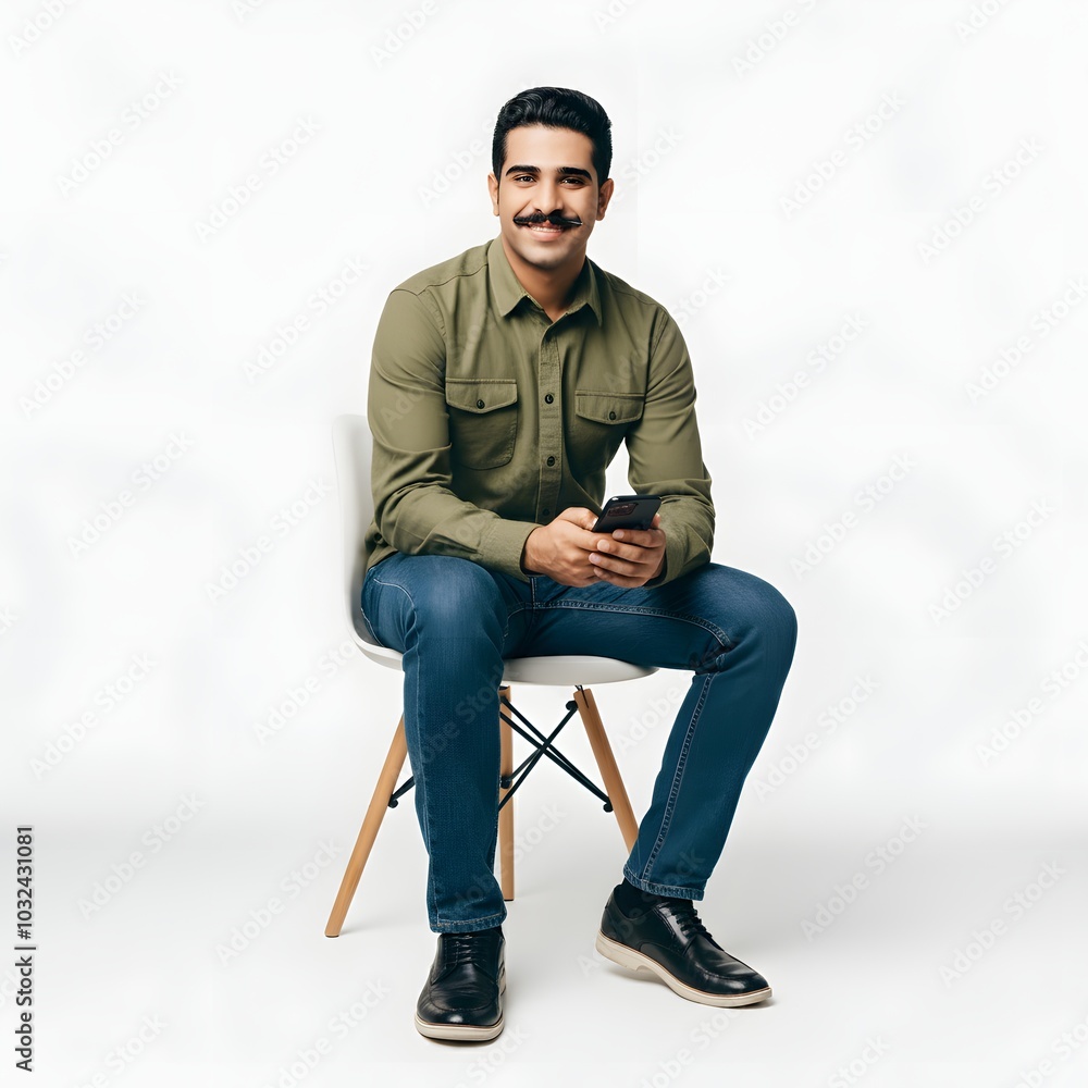Portrait of a Middle Eastern man in traditional thobe and shemagh, sitting in a modern chair against a white background. Ideal for cultural representation, business profiles, and contemporary Portrait of a Middle Eastern man in traditional thobe and shemagh, sitting in a modern chair against a white background. Ideal for cultural representation, business profiles, and contemporary