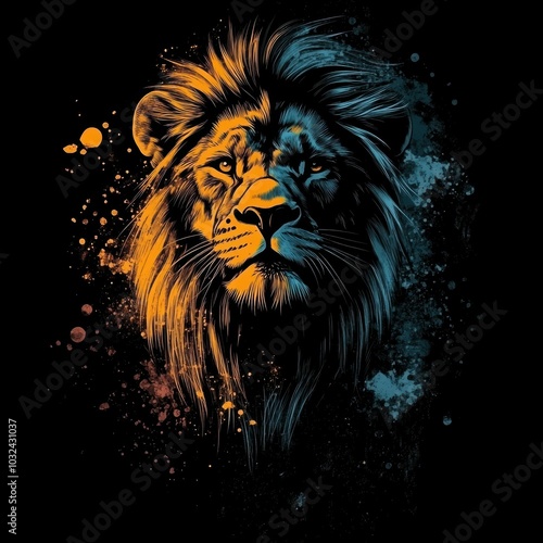 Lion with vivid colors on black background