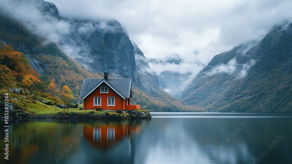 A red cabin sits on a tranquil lake, surrounded by misty mountains and lush green forest. A red cabin sits on a tranquil lake, surrounded by misty mountains and lush green forest.