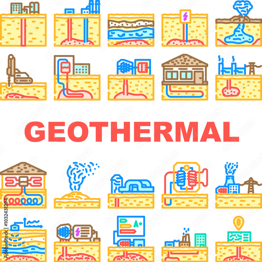 geothermal energy renewable heat icons set vector. earth power, sustainable resources, electricity technology, environment, efficiency geothermal energy renewable heat color line illustrations geothermal energy renewable heat icons set vector. earth power, sustainable resources, electricity technology, environment, efficiency geothermal energy renewable heat color line illustrations