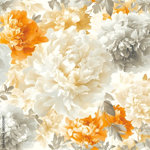 Floral Pattern with Orange and Beige Peony Flowers