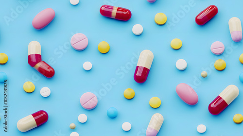 assorted colorful antibiotic medicine pills on soft blue background vibrant pharmaceutical still life photo