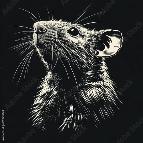 Intricate rat illustration, dark background