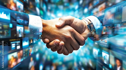 Business professionals in suits shake hands in front of a digital finance backdrop, suggesting a futuristic deal or partnership.