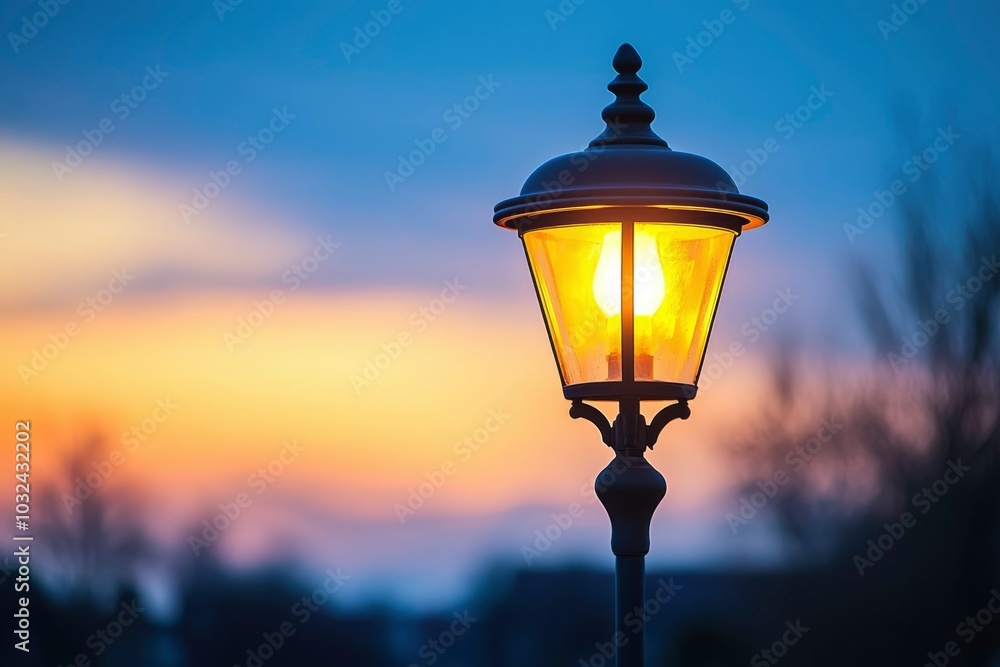 A single street lamp illuminates a twilight sky. A single street lamp illuminates a twilight sky.