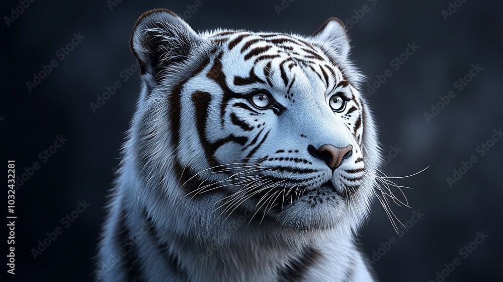 Fototapeta premium Close-up portrait of a majestic white tiger with striking blue eyes and black stripes, looking directly at the viewer.