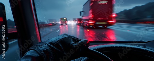 A cautious drive on the highway, with the driver maintaining a steady speed through traffic congestion. photo