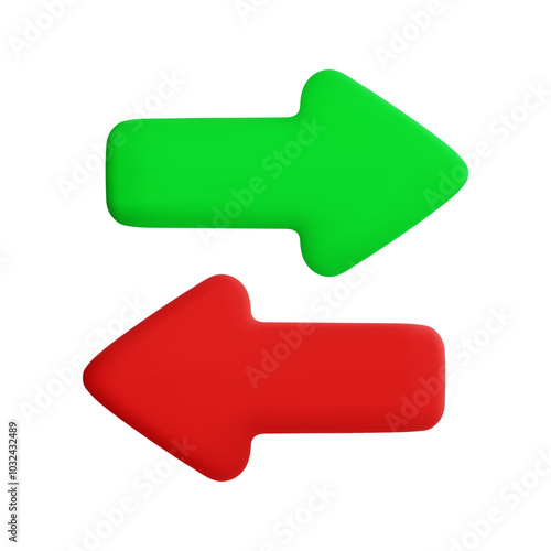 Vector cartoon 3d transfer icon. Cute realistic left right green and red arrow icon isolated on white background. 3d render exchange concept, plastic counter arrows for infographic, web, business app.