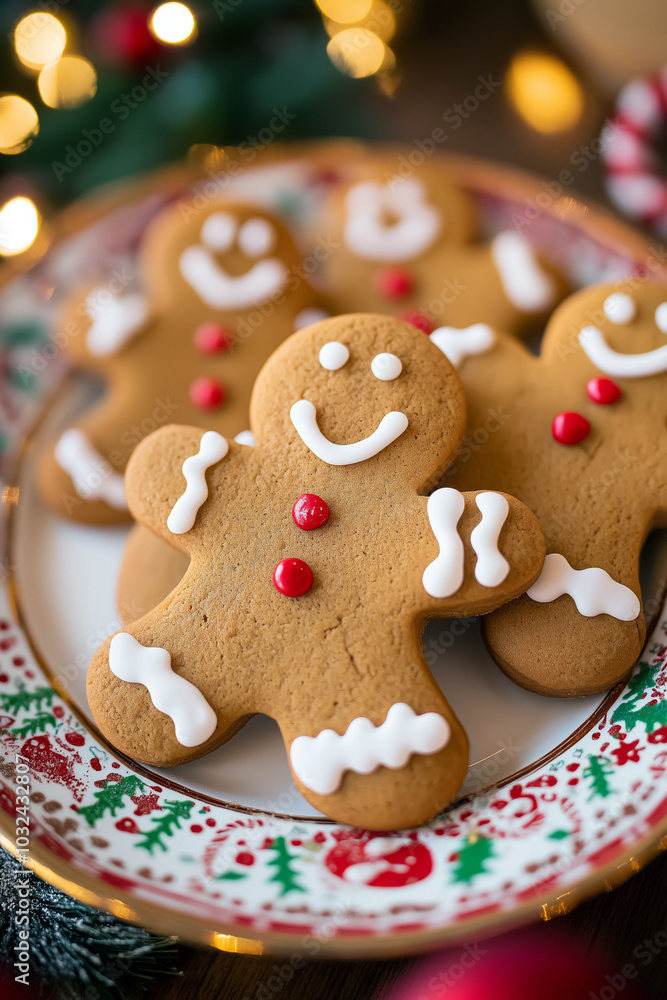 Close-up of gingerbread cookies decorated with icing on a festive holiday plate surrounded by Christmas lights. Close-up of gingerbread cookies decorated with icing on a festive holiday plate surrounded by Christmas lights.