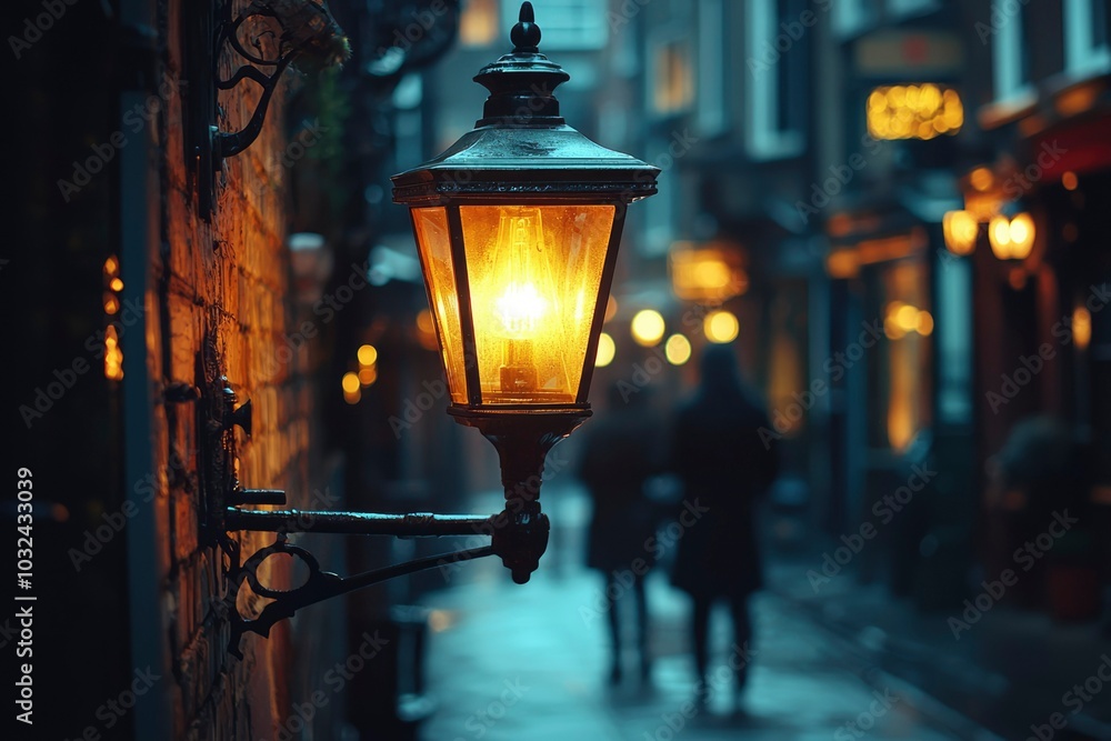 A Glowing Street Lamp Illuminates a Cobblestone Alleyway