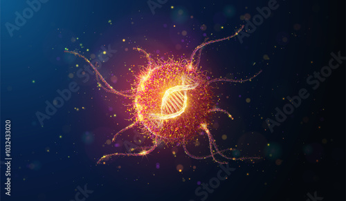Abstract illustration of cancer cell with DNA helix made of glowing neon particles. Geometric background depicting cancer cell screening, dna therapy and gene engineering medical concept