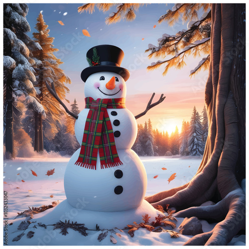 Cheerful Snowman in Winter Forest at Sunset, Photo snowman background winter landscape