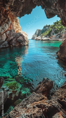 A picturesque sea cave frames a turquoise bay with natural arches and a lush green mountain on the right. Clear blue waters, white boats, and a cloudless sky add to the serene scene. photo