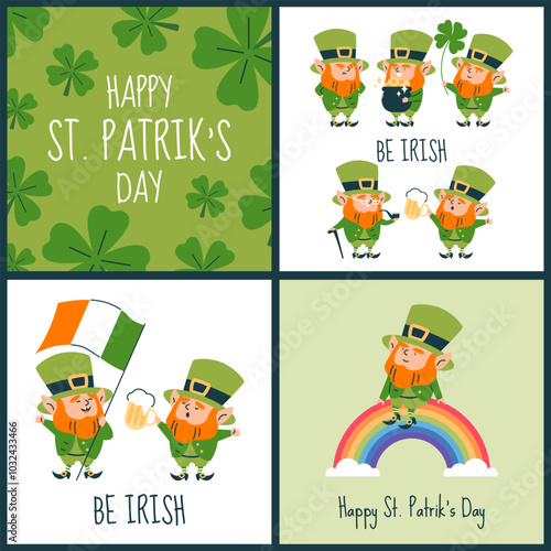 Set of St. Patrick's Day posters with leprechaun and clover.