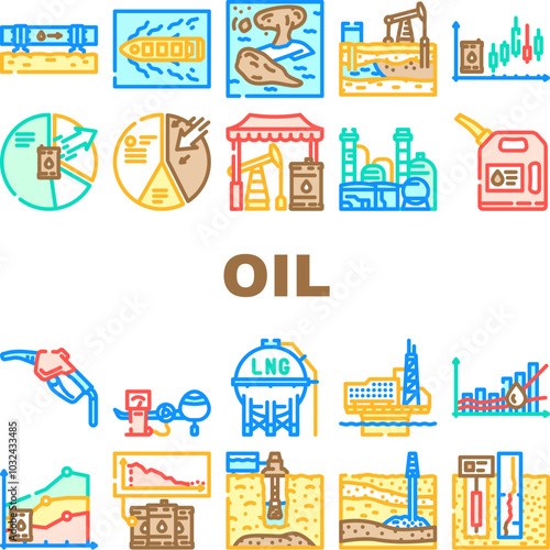 oil industry petroleum drilling icons set vector. pipeline, reservoir geology, seismic upstream, downstream midstream, crude oil industry petroleum drilling color line illustrations