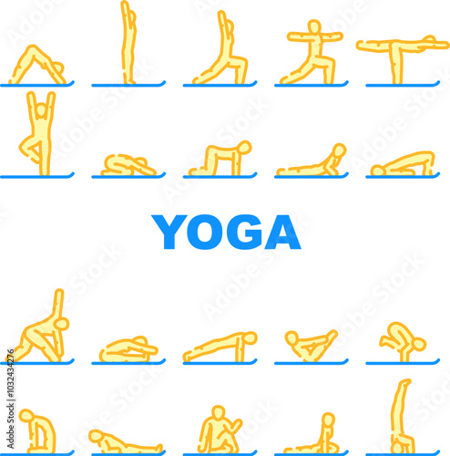 yoga exercises meditation icons set vector. flexibility balance, strength flow, mindfulness relaxation, posture, alignment yoga exercises meditation color line illustrations