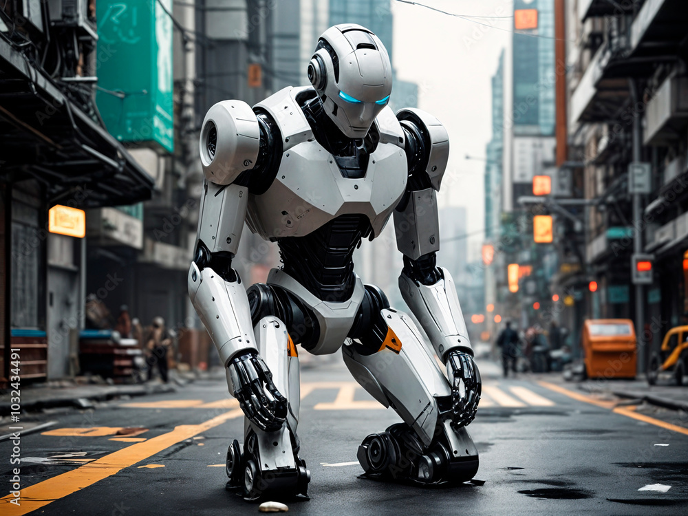 Amidst the whirring chaos of a robotic city, a lone android struggles to maintain balance, grappling with the weight of expectations -- generated by ai Amidst the whirring chaos of a robotic city, a lone android struggles to maintain balance, grappling with the weight of expectations -- generated by ai