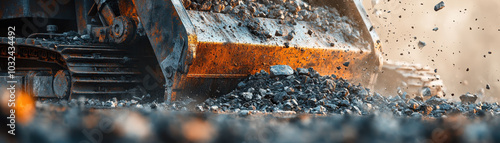 Heavy machinery is actively moving and crushing rocks, creating dynamic scene filled with dust and debris. powerful equipment showcases its strength in rugged environment