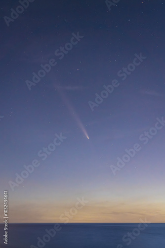 Comet C2023 A3 Tsuchinshan-Atlas photographed from Cecina, Tuscany and the sea in the foreground