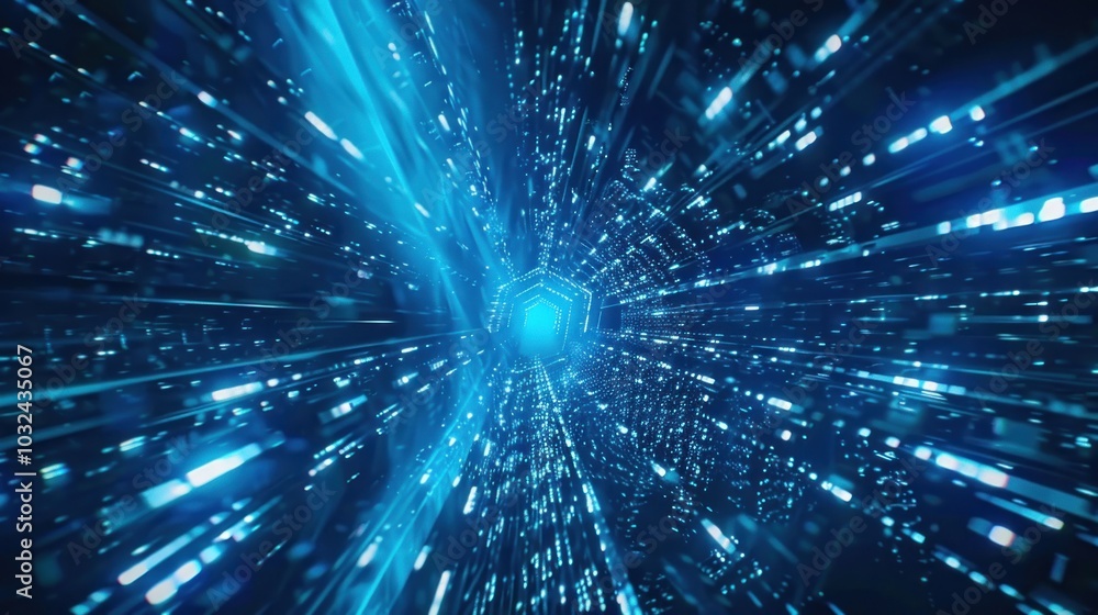 Fototapeta premium A blue lighted tunnel with a bright light at the end