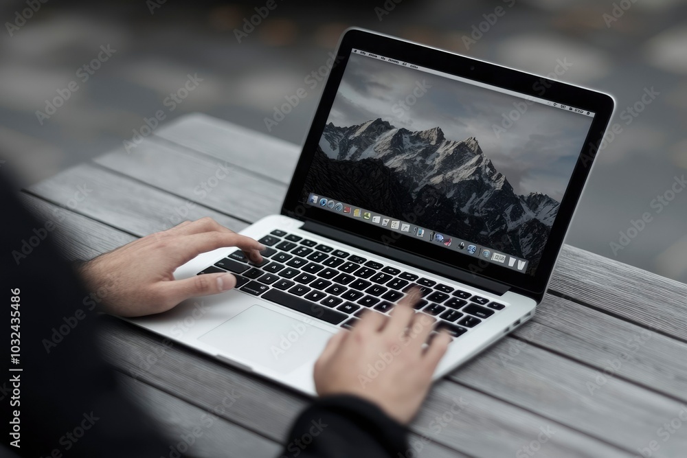 Person Typing on a Laptop with a Mountain Range Background Person Typing on a Laptop with a Mountain Range Background