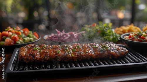 Grilled ribs with fresh salads and sides.