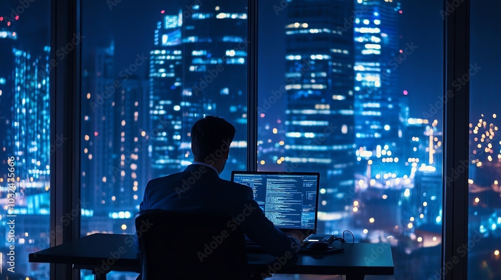 Fototapeta premium A confident businessman in a suit, overlooking a bustling city skyline, symbolizes urban success and technological advancement