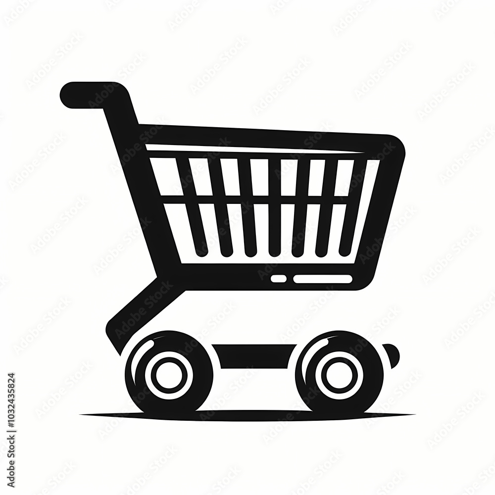 Black minimalist silhouette of a shopping cart on a white background, ideal for retail or e-commerce-related designs. Black minimalist silhouette of a shopping cart on a white background, ideal for retail or e-commerce-related designs.