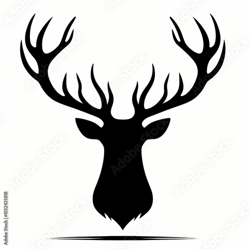 Black minimalist silhouette of a deer with antlers on a white background, perfect for nature or rustic-themed designs. photo