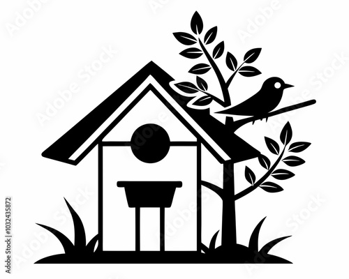 bird house silhouette vector illustration,Wooden bird house line art silhouette