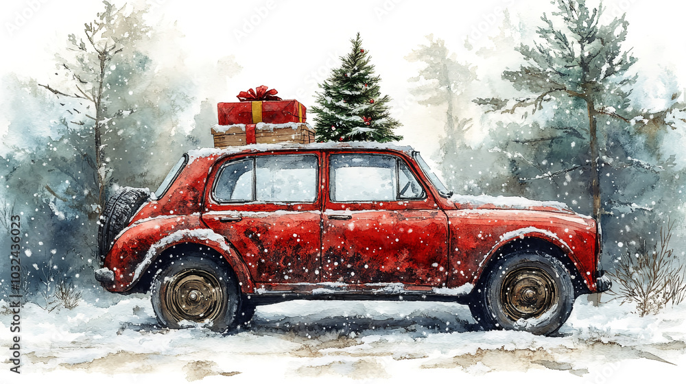 Obraz premium Red red car in the snow