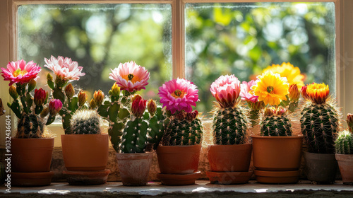 A variety of flowering cacti in full bloom, showcasing vibrant pink, yellow, and red flowers against green spines, arranged in terracotta pots on a sunny windowsill.