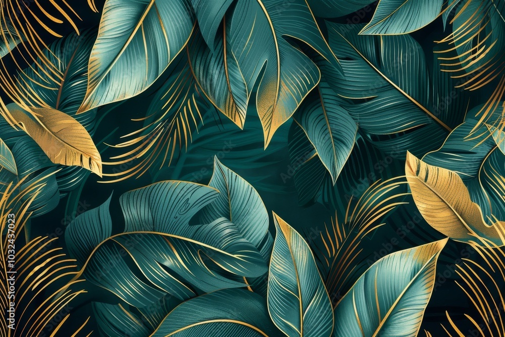 Elegant tropical leaf wallpaper with intricate golden banana leaf line arts and hand-drawn outlines, perfect for luxurious nature patterns in fabric, print, cover, banner, and invitation Elegant tropical leaf wallpaper with intricate golden banana leaf line arts and hand-drawn outlines, perfect for luxurious nature patterns in fabric, print, cover, banner, and invitation