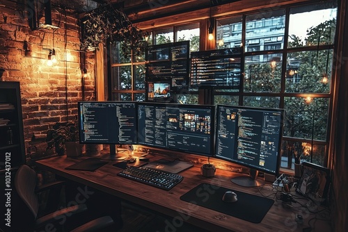 A Cozy Workspace with Multiple Monitors and Warm Lighting photo