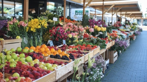 Colorful market display of fresh fruits and vibrant flowers, bright and inviting.