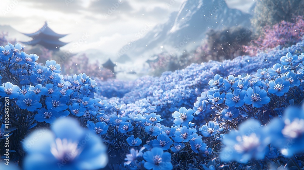 A serene landscape with a field of blue flowers in the foreground, mountains in the background, and a pagoda visible in the distance. A serene landscape with a field of blue flowers in the foreground, mountains in the background, and a pagoda visible in the distance.