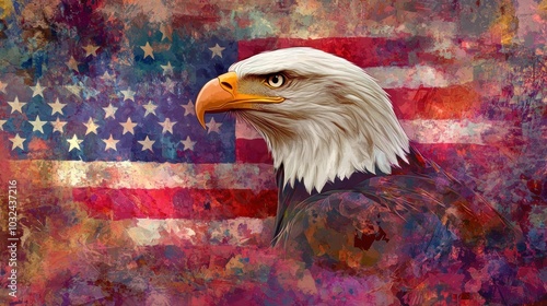 A stylized eagle against a colorful American flag backdrop.