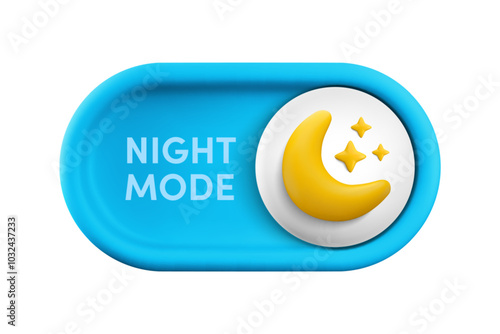 Vector cartoon 3d dark theme on switch button. Cute realistic 3d blue Night mode toggle switch slider with shiny moon and stars icon. Design element for mobile app interface, web, game.
