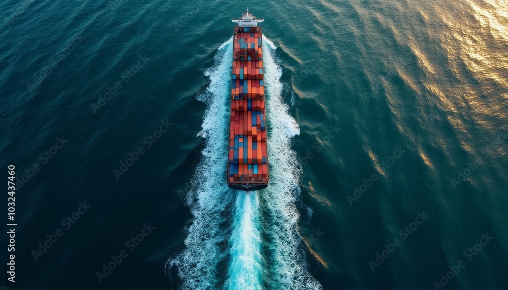 A large cargo ship sails through the ocean, leaving a white wake behind ...
