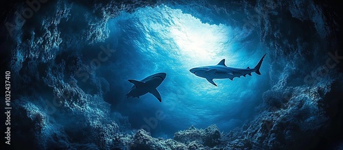 Sharks Swimming Through an Underwater Cave