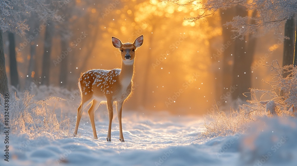 A young deer stands in a snowy forest with the sun shining through the trees. A young deer stands in a snowy forest with the sun shining through the trees.