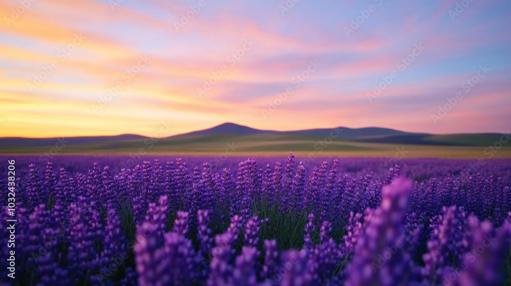 serene landscape of lavender fields under colorful sunset sky serene landscape of lavender fields under colorful sunset sky