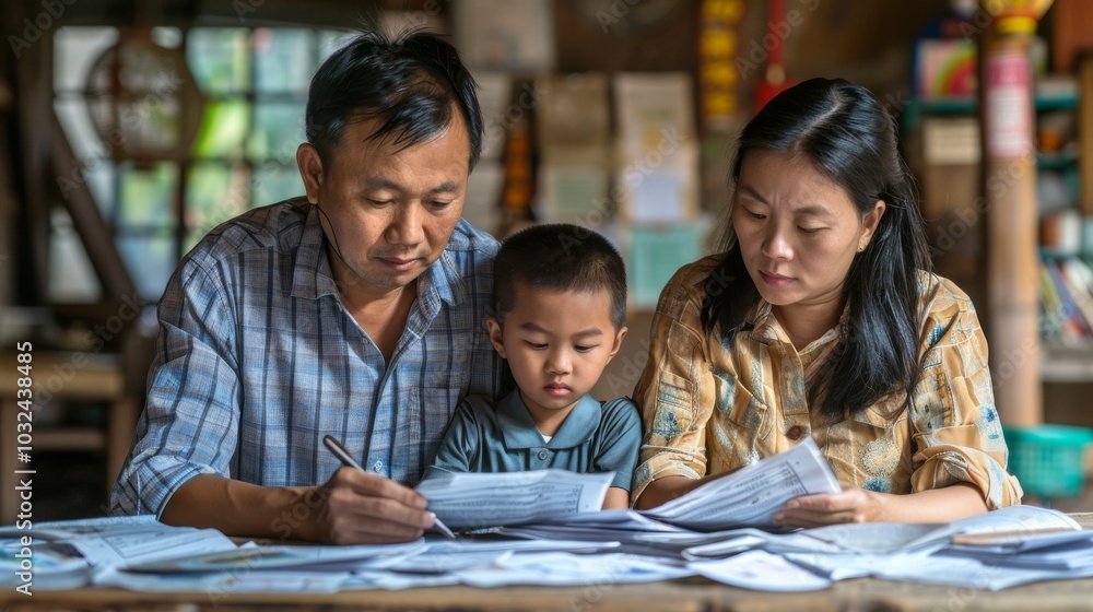 Asian family feeling the impact of rising living expenses, with bills and debt piling up Asian family feeling the impact of rising living expenses, with bills and debt piling up