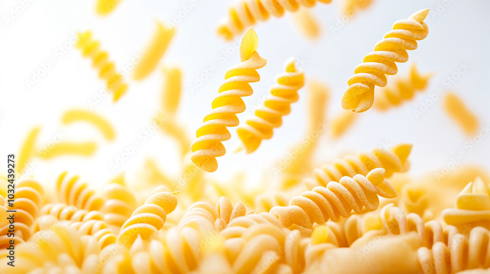 A dynamic display of uncooked fusilli pasta in mid-air, showcasing its spiral shape A dynamic display of uncooked fusilli pasta in mid-air, showcasing its spiral shape