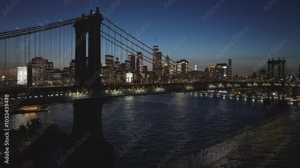 Aerial view of the Manhattan Bridge at dusk Aerial view of the Manhattan Bridge at dusk