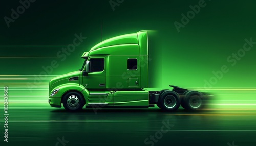 A bright green semi-truck speeds down a highway at night, illuminated by streaks of light. The image represents modern transportation and logistics.