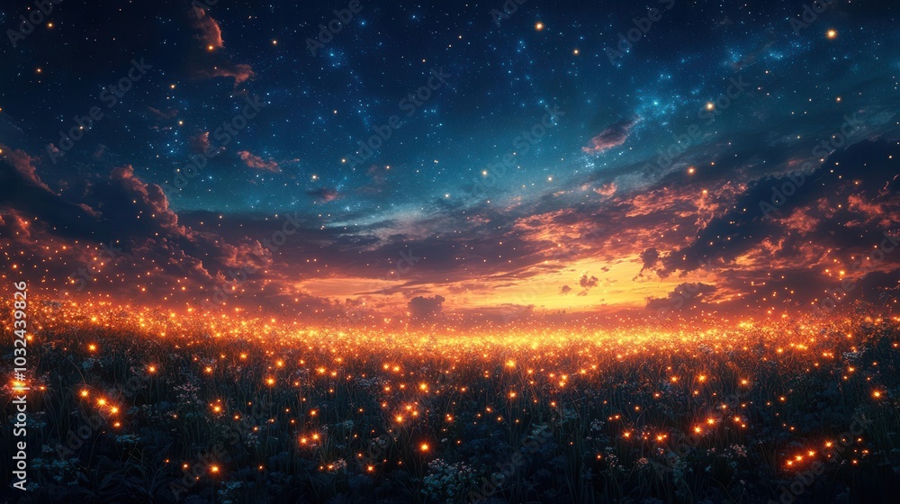 enchanting field filled with glowing fireflies under a starry sky creating a magical atmosphere of light and wonder with soft dreamy colors blending into the night enchanting field filled with glowing fireflies under a starry sky creating a magical atmosphere of light and wonder with soft dreamy colors blending into the night