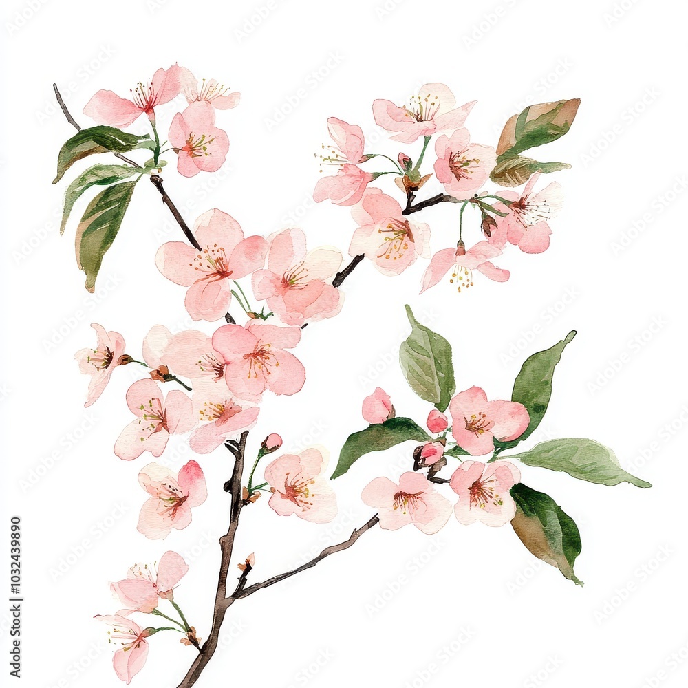 Watercolor cherry branch, gentle, elegant on white background Watercolor cherry branch, gentle, elegant on white background