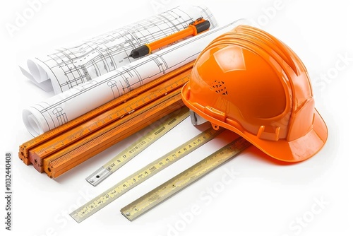 Hard hat, blueprints, and rulers isolated on a pristine white backdrop