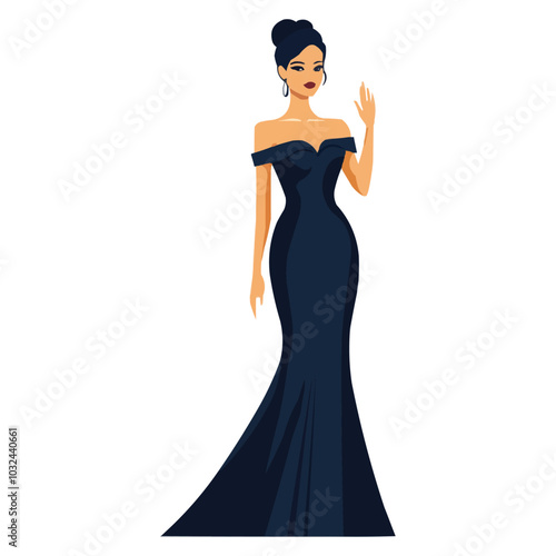 Flat vector illustration of a beautiful woman in a navy blue evening dress